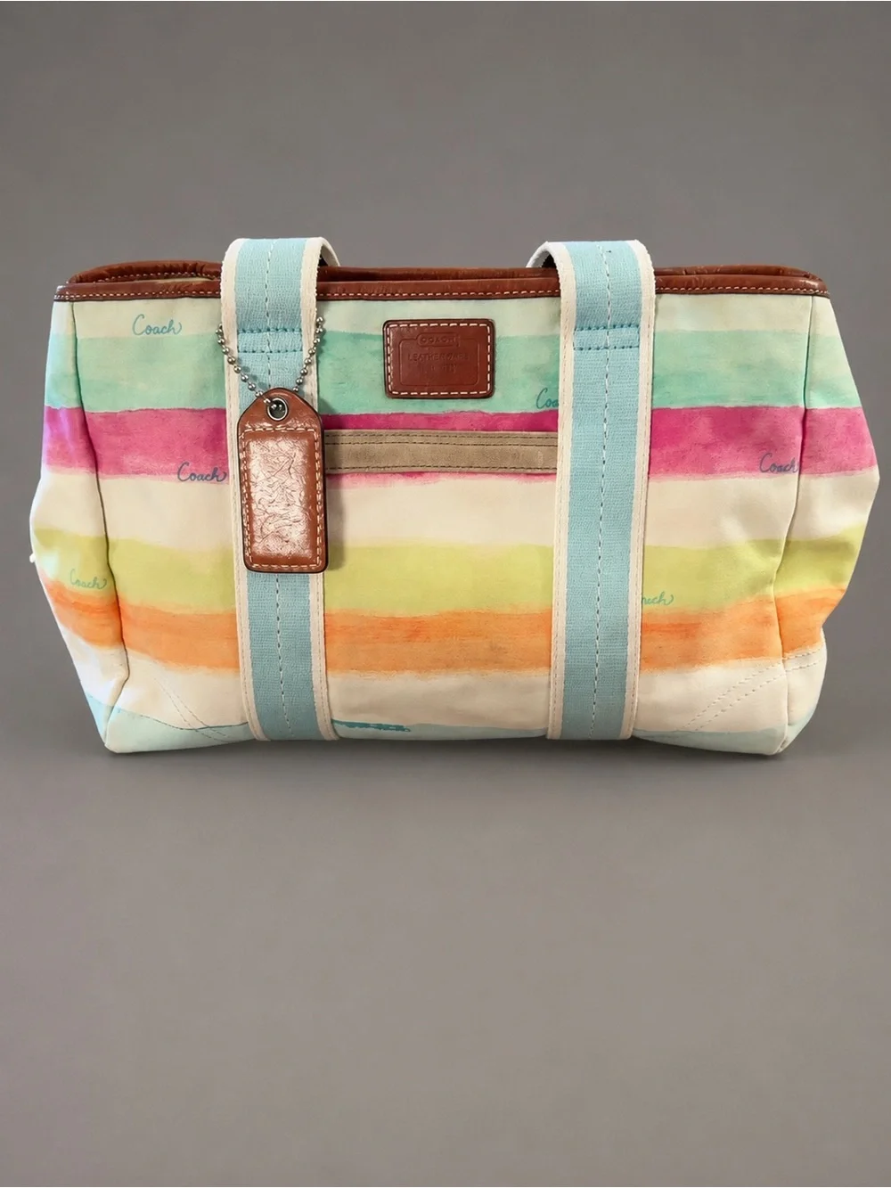 Coach Pastel Striped Canvas Tote Bag – Multicolor Watercolor Print 13”x10”